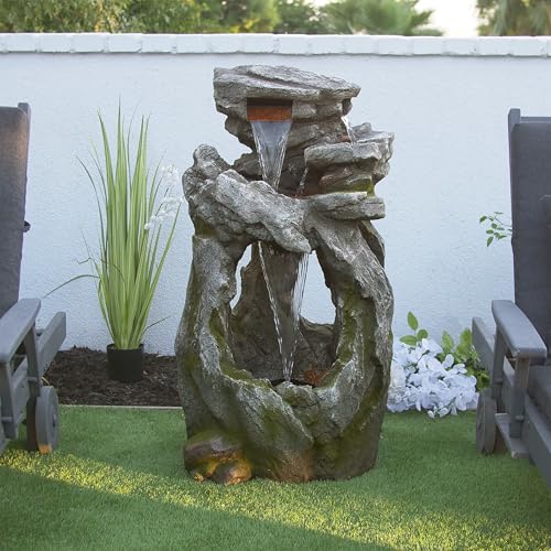 Alpine Corporation 41" Tall Outdoor Cascading Rainforest Rock Waterfall Floor Fountain with LED for Gardens, Patios, and Yards, Brown