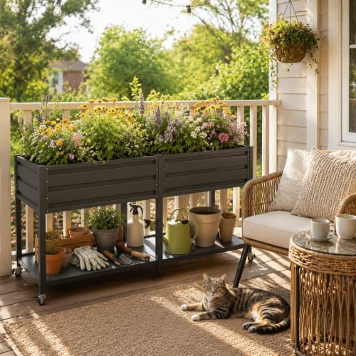 2-Tier Elevated Metal Wicking Garden Bed with Lockable Wheels & Storage Shelf, Dark Gray Staggered Self-Watering Planter. Built-in tank feeds plants via capillary action for veggies, herbs, flowers