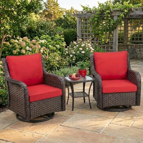 GAOMON 3-Piece Outdoor Wicker Patio Furniture Set, 360° Swivel Rocking Chairs with 4" Cushions and 2-Tier Tempered Glass Table, All-Weather for Porch, Deck, Balcony