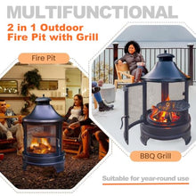 2-in-1 Fire Pit with Grill, Outdoor Chiminea Fireplace for Patio Backyard, Retro Look, 360° Sparks Protection Net, 3-Level Adjustable Grill, Stable Tripod