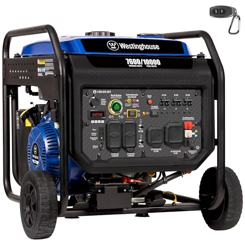 Westinghouse 10000 Peak Watt Portable Open Frame Inverter Generator, Remote Electric Start with Auto Choke, Transfer Switch Ready, Gas Powered, CO Sensor