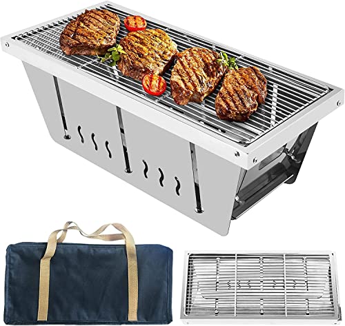 NEWCES Safety Certification Portable BBQ Grill Folded Charcoal Barbecue Grill w/Storage Bag Stainless Steel Barbeque Grill Smoker BBQ Grill for Outdoor Backyard Camping Picnic Patio