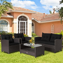 8 PCS Patio Rattan Furniture Set Glass Table Shelf Sofa Cushion Black
