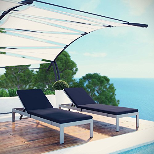 Modway Shore Aluminum Outdoor Patio Chaise Lounge Chairs with Cushions Silver Navy