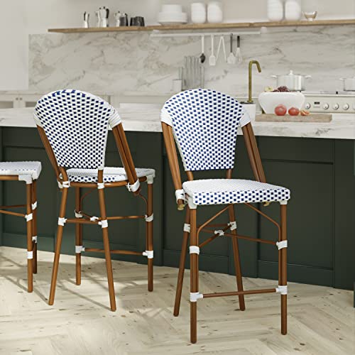 EMMA + OLIVER Navy/White PE Rattan Bistro Counter Stool, 2-Pack