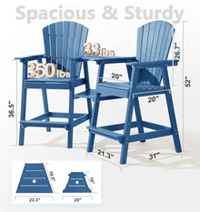 PASAMIC Tall Adirondack Chairs Set of 8, All-Weather HDPE Patio Chairs with Double Connecting Trays, Bar Height Heavy-Duty Outdoor Chairs for Garden, Backyard, Balcony, Blue