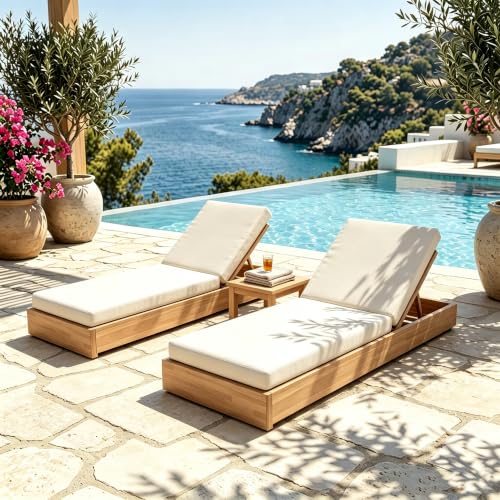 Christopher Knight Home Bayard Set of 2 Acacia Wood Chaise Lounge Chair Outdoor with Cushion, 5-Position Adjustable Backrest Sun Lounger Recliner, Patio Sun Bathing Lounge Chair, Light Teak+Cream