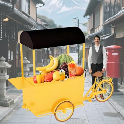 Large Food Bike Cart with Reverse-Facing Seats,Trailer Food Vending Carts with Vending Tricycle, Food Drinks Display Bicycle Cart for Patio Garden, Weddings Party,Yellow