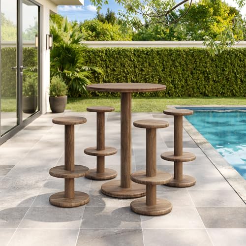 Modway Neo Round Wood Patio Bar Table and Stools Set in Cocoa Brown - 5-Piece Indoor/Outdoor Modern High Top Bar Set for Patio Or Kitchen