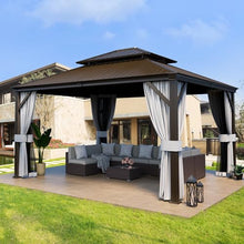 Pamapic 12'x14' Hardtop Gazebo with Double Roof, Netting & Curtains, Brown