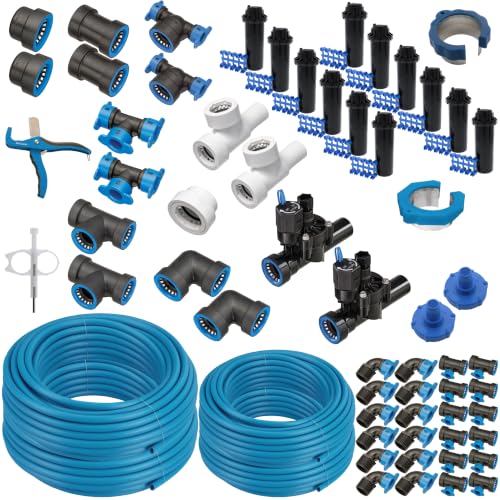 Blu-Lock 1" & 1/2" Push-Fit In-Ground Sprinkler Kit with Electric Valves, Rotor Heads, Fittings, and Tubing, Zones: 2