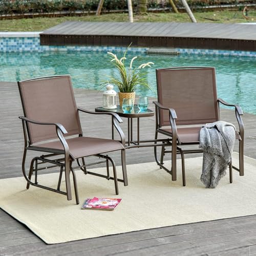 Outdoor Glider Bench&Chair, X&T 2 Person Patio Double Glider Rocker Chair with Metal Sliding Tracks, Patio Glider Swing Chair Loveseat with Sling Fabric and Center Table, for Porch Garden Lawn, Black