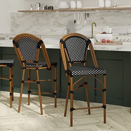 EMMA + OLIVER Black/White PE Rattan Bistro Bar Stool, 2-Pack
