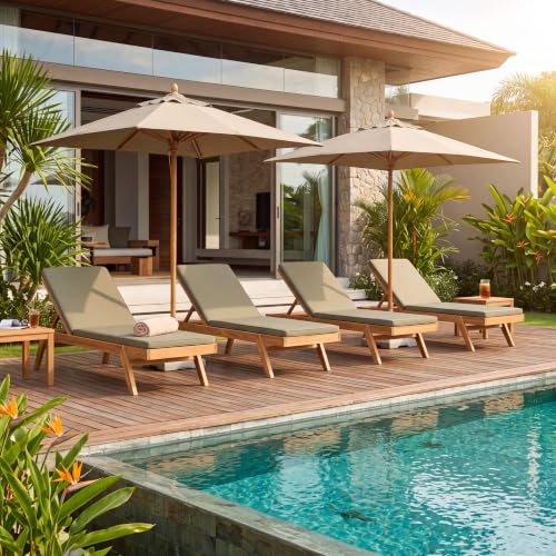 Christopher Knight Home Caily Set of 4 Chaise Lounge Chair Outdoor with Steel Frame, Patio Outdoor Chaise Lounges with Water-Resistant Cushions, Acacia Wood Lounge Sofa for Poolside, Teak + Green