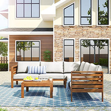 Merax Outdoor L Shaped Sofa with Coffee Table & Armrest & Beige Cushions, Strong Wood Structure Exotic Patio Furniture Set Water-Resistant, for Garden Balcony Poolside (Beige)