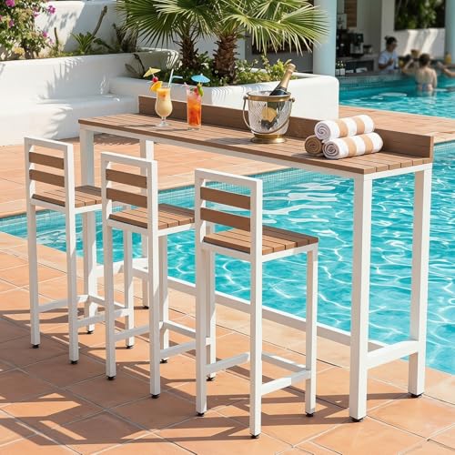 MISXEOE Outdoor Patio Bar Height Table with Baffle, Weather Resistant High Counter Table Porch Pub Tables Wood-Plastic Tabletop, for Poolside Garden Balcony Restaurant Cafe(White,86.6"x15.7"x40.5")