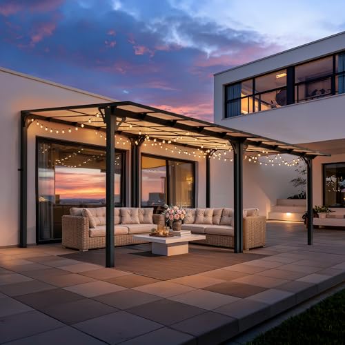 Pamapic 10x20FT Wall Mounted Gazebo, Hardtop Lean to Gazebo with Aluminum Frame & UV Resistant Polycarbonate Roof, Outdoor Patio Awning for Deck, Porch, Lawn & Backyard