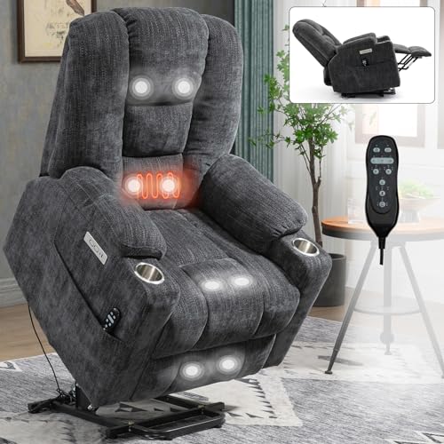 Power Lift Recliner Chair for Elderly with Massage & Heat, Chenille, Grey