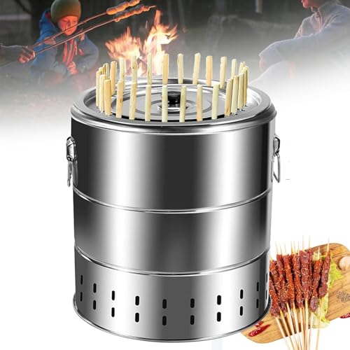Portable Smokeless Barbecue Charcoal Barrel Grill, Stainless Steel Surround Charcoal kebab Grill with 28 Skewers and BBQ Grill Cooking Grate for Family Gathering