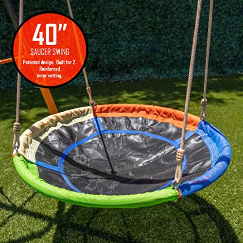 Jungle Warrior Anaconda Metal Swing Set with Saucer & Sling Swings, Rock Wall, 5ft Slide Orange/Green/Grey