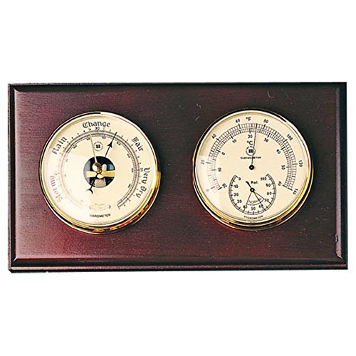 Bey-Berk Barometer and Thermometer with Hygrometer on Oak Wood with Brass Bezel. Wall Mounts Vertically or Horizontally.