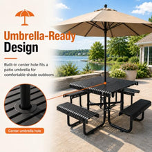 46" Square Outdoor Picnic Table with Slotted Steel Tabletop & Benches, Carbon Steel Construction, 80" Overall Length, Durable & Easy to Clean, Ideal for Backyard, Patio, Family Barbecues, Black