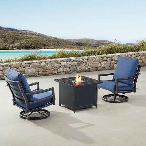 Oakland Living Black Aluminum Patio Fire Table Bistro Set with Two Club Chairs with Blue Cushions