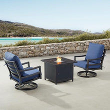Oakland Living Black Aluminum Patio Fire Table Bistro Set with Two Club Chairs with Blue Cushions