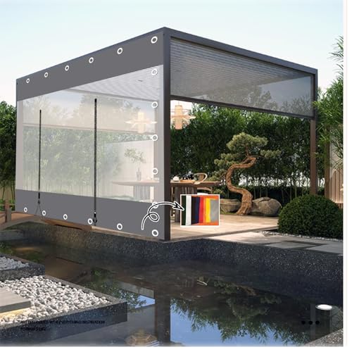 FENGZEQUAN Heavy Duty Outdoor Curtain PVC Plastic pergola Cover with Zipper, Gray Transparent Tarpaulin Side Panels, Anti-Aging Insulation Soft, Low Temperature Resistant(H3xL10m/H9.8xL32.8ft)
