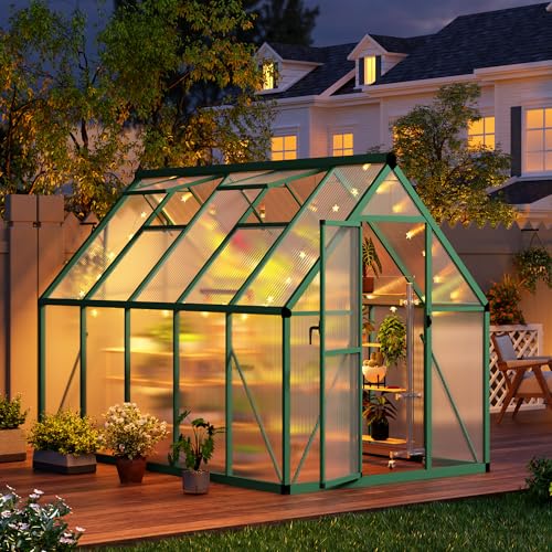 CABIHOME 8x12 FT Outdoor Greenhouse, Polycarbonate Greenhouse with Roof Vent and Ground Nails, Aluminum Large Walk-in Green House w/ Lockable Push Door for Outdoor Garden (Green, 6x9 FT)