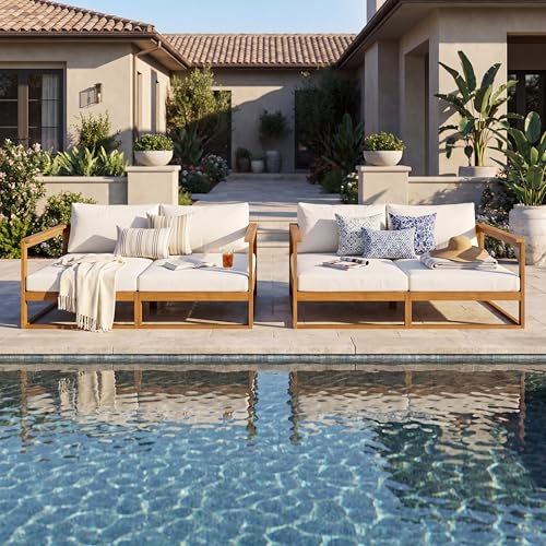 Christopher Knight Home Acacia Wood Outdoor Daybed Patio Sofa Set of 2, Double Outdoor Lounge Chairs Patio Sofa with Cushions & Armrest, Patio Lounger Outdoor Couch for Backyard Pool Deck, Beige+Teak