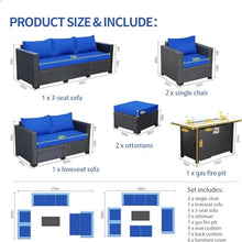 HTERWQEA 7 Piece Patio Furniture Set Outdoor with Fire Pit Table, Wicker Sectional Sofa Conversation Couch with Ottoman Cushions Royal Blue