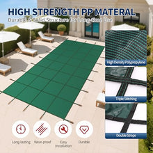 Inground Pool Safety Cover, Fit 28ftx48ft Rectangular Pool,Green High‑Strength PP Mesh with Double‑Layer Straps Triple Stitching, Includes Installation Tools