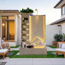 Luxury Elegant Cement Water Wall Tiered Fountain with Lights – 8.2ft Outdoor/Indoor Modern Landscape Feature,Europe Mountain Design, Housewarming,Shop Opening Gift (Left)(Left)