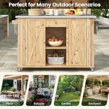 Merax XL Outdoor Table with Stainless Steel Top for Kitchen Prep and Storage Cabinet for Grilling Accessories, Outdoor Kitchen Island Grill Cart with Towel and Spice Racks & a Bottle Opener, Natural
