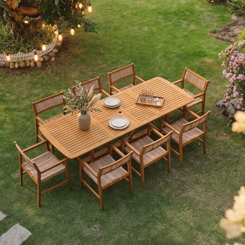 NTC Flexa Extendable Outdoor Dining Table, 63"–94.5" Solid Wood Patio Table for Patio Dining Sets with Umbrella Hole, Seats 6–10, Weather Resistant, Easy Assembly, Natural