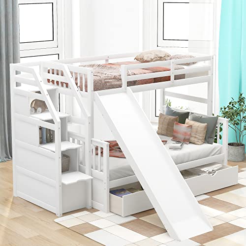 Flieks Twin Over Full Bunk Bed with Drawers and Slide White