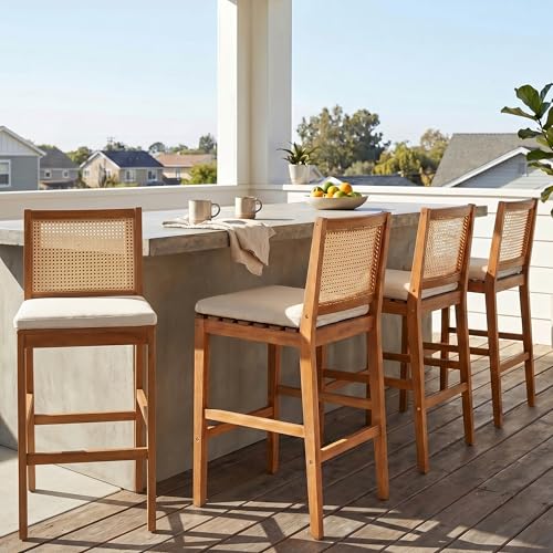 Merax Set of 4 Acacia Wood Outdoor Wicker Bar Stools with Cushion