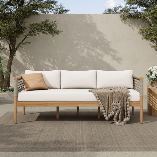 Christopher Knight Home Teres Acacia Wood Outdoor 3 Seater Sofa with Romovable Cushions, Wooden Patio Sofa Couch with Cushion, Comfy Garden Cloud Sofa Couch with Rope Woven Armrest, Beige+Light Teak
