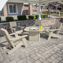 Oasis 5-Piece Conversation Set with Fire Pit Table, 4 Italica Modern Adirondack Chairs and 40” Fire Pit Table with Glass Wind Guard and Rain Cover, Whitewash
