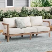 Merax 3 Seater Outdoor Acacia Wood Patio Sofa with Cushions for Porch, Garden, Backyard, Balcony, Brown wash, Beige Cushion