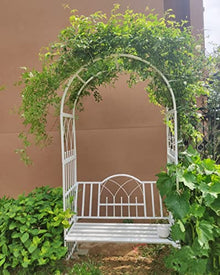 OREKPOT Garden Arch with Seat for 2 People, Metal Arbor Trellis Arbour Archway with Bench for Climbing Gardening Outdoor Garden Lawn Backyard Patio，White