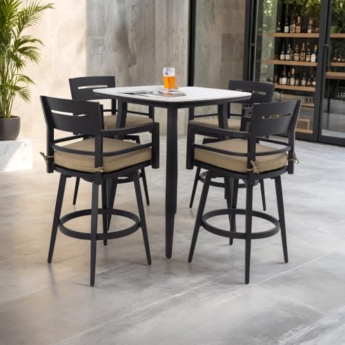 Elegant Outdoor Bar Set with Sintered Stone Table and Swivel Bar Chairs Featuring Aluminum Frame and Weather-Resistant Cushions (Ember Black + Linen Sesame + Aluminium + Sintered Stone + Foam)