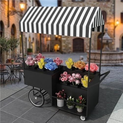 Flower Cart with Wheels, Outdoor Flower Bar Cart with Striped Canopy, Movable Market Stand, Wedding Wagon, Floral Display for Shops(Black)