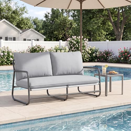 Christopher Knight Home Outdoor Patio 2 Seater Loveseat Sofa Aluminum Frame with Removable Water Resistant Cushions Modern Outdoor Couch for Balcony Backyard Deck Garden, Light Gray