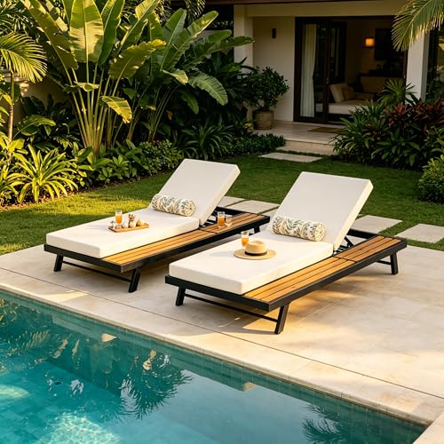 Merax 2 piece Black Iron + Teak Finish Chaise Lounge Set with 4" Thick 2-Fold Cream Cushion, 400 lbs Capacity, Adjustable Backrest with Flat Storage Surface for Patio, Poolside, Backyard, Cream