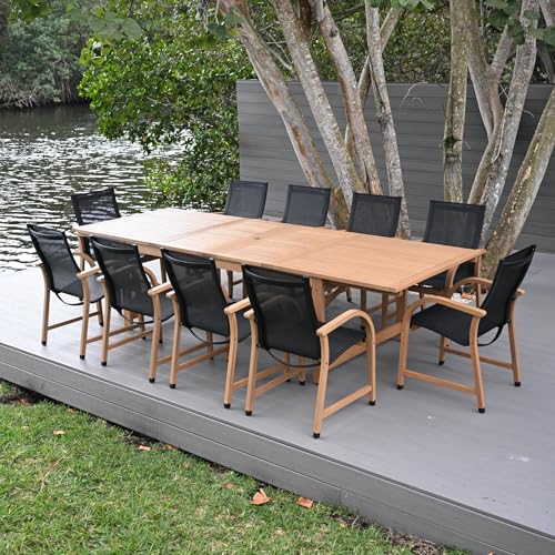 Amazonia Franklin 11-Piece Rectangular Extendable Patio Dining Set | Teak Finish and Weather-Net Technology | Ideal for Outdoors and Indoors