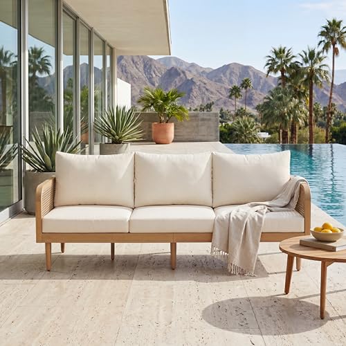 Christopher Knight Home Nellie Acacia Wood Outdoor 3 Seater Sofa with Cushions, Solid Wood Patio Sofa with Rattan-Woven Armrests, Comfy Lounge Sofa for Patio Furniture Set,Light Teak+Light Brown+Cream