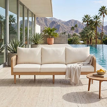 Christopher Knight Home Nellie Acacia Wood Outdoor 3 Seater Sofa with Cushions, Solid Wood Patio Sofa with Rattan-Woven Armrests, Comfy Lounge Sofa for Patio Furniture Set,Light Teak+Light Brown+Cream