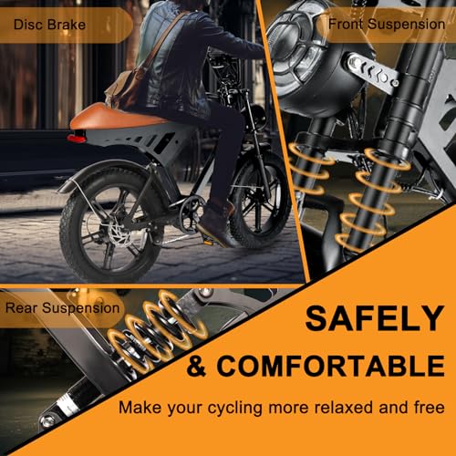 Besintu MOVCAN Electric Bike for Adults 1000W Motor (Peak 1500W), 48V/15.6AH, Up to 28MPH & 70 Miles, 20" Fat Tire Ebike, 7 Speed Gear Full Suspension Brown-2